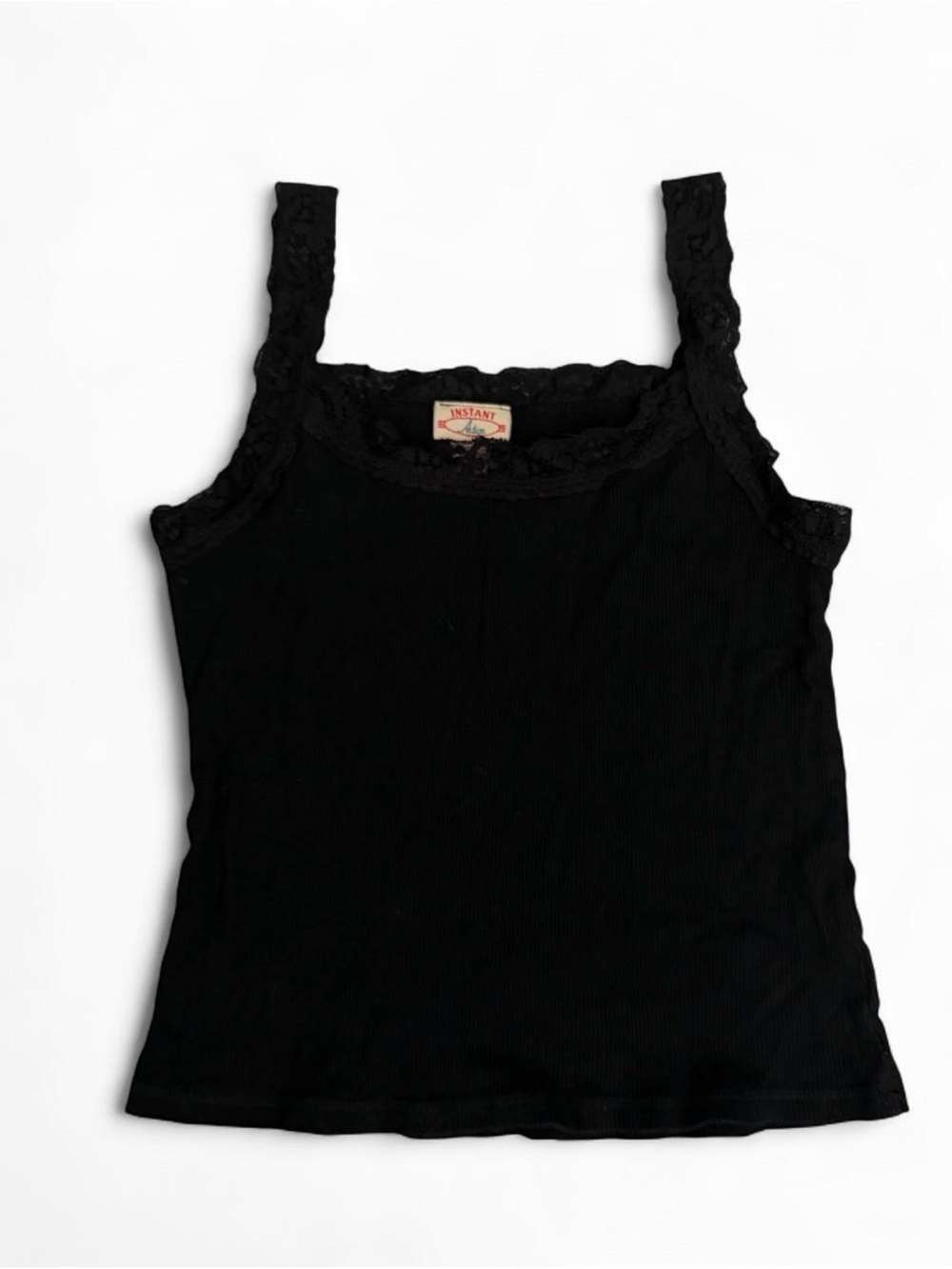 Lace-Trim Ribbed Black Tank Top by